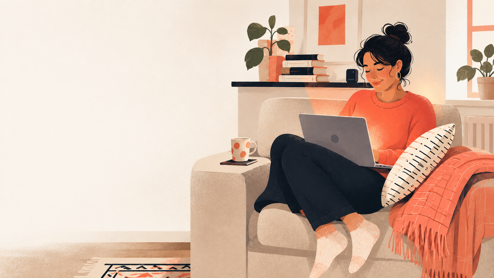 Illustration of a woman working on a laptop in a warm, calm living room with a strong home WiFi signal